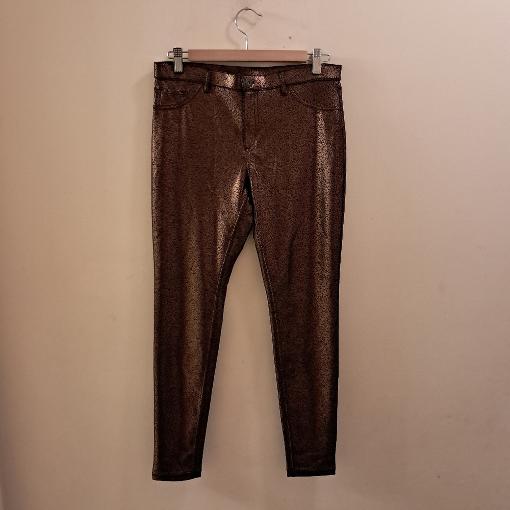 Hue Pants Leggings Women's Medium M Gold Shimmer Metallic Jersy Gravel Print